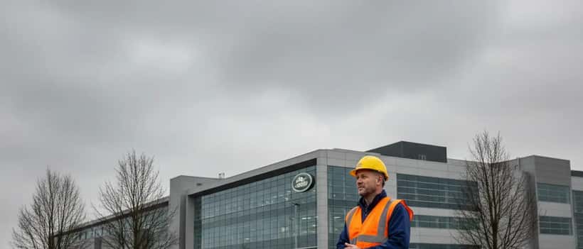 JLR factory worker in Solihull with safety equipment, industrial background
