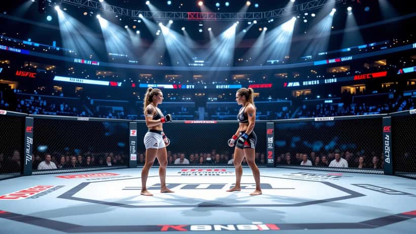 Octogone UFC dans une arène française en 2026 avec deux combattants face à face sous les projecteurs