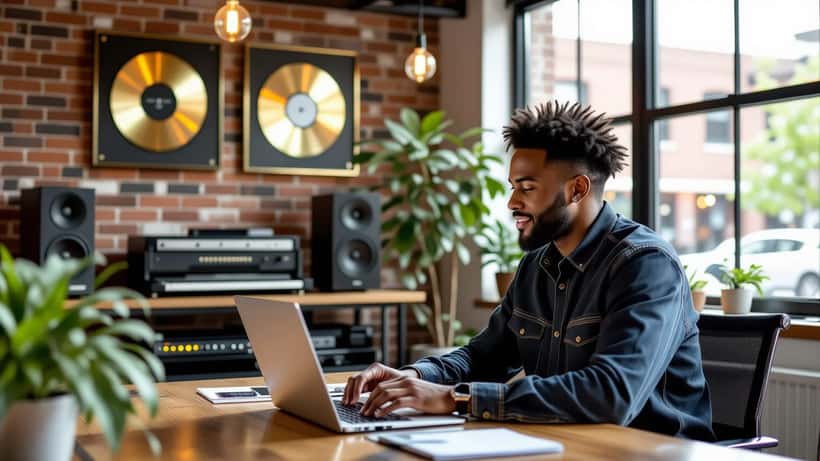 Imprenditore creativo che analizza dati di startup su laptop in co-working space con dischi d'oro alla parete, simbolo del percorso di Meek Mill da rapper a tech entrepreneur