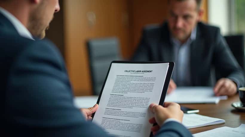 Nederlandse werknemer leest cao-akkoord op vergadertafel tijdens arbeidsonderhandelingen