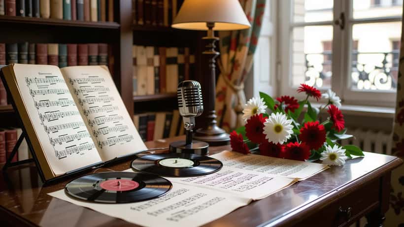 Disques vinyle, partitions et documents juridiques sur une table en bois, évoquant le patrimoine artistique et la succession d'un chanteur
