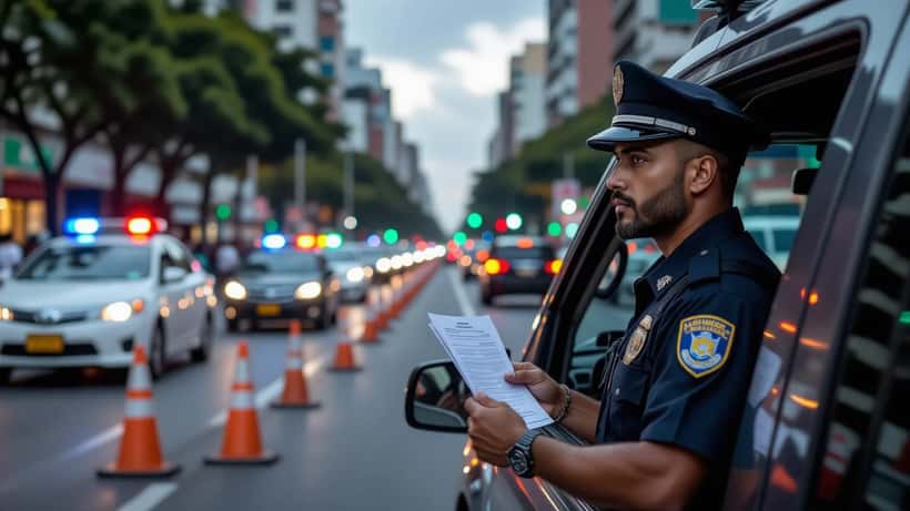 Policial abordando motorista em blitz noturna em São Paulo, Brasil 2026