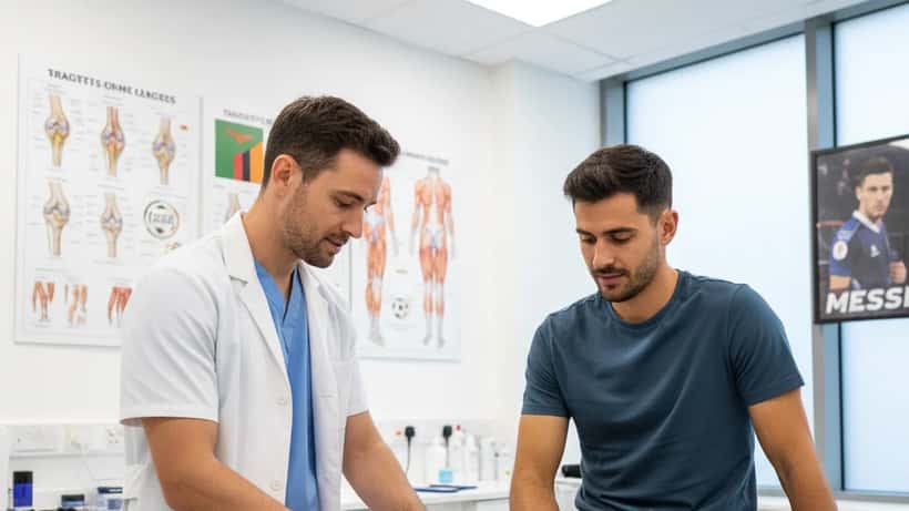 Sports medicine physiotherapist examining a recreational football player's knee in a Manchester clinic