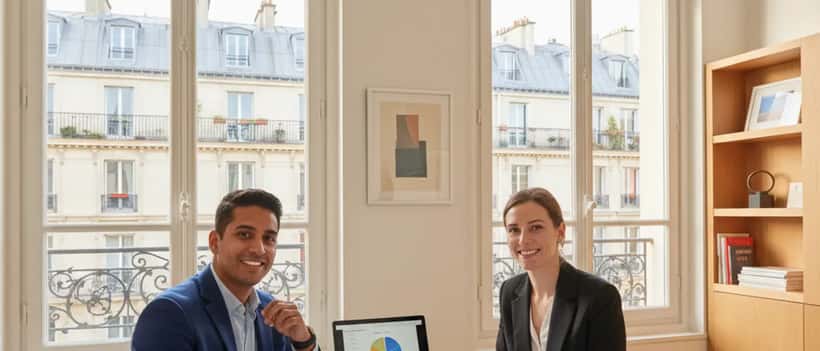 Homme en tenue professionnelle consulte un conseiller patrimoine dans un bureau parisien