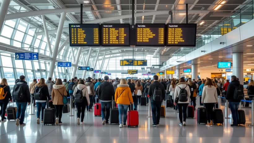 Reizigers wachten in de vertrekhal van een drukke luchthaven tijdens het pinksterweekend