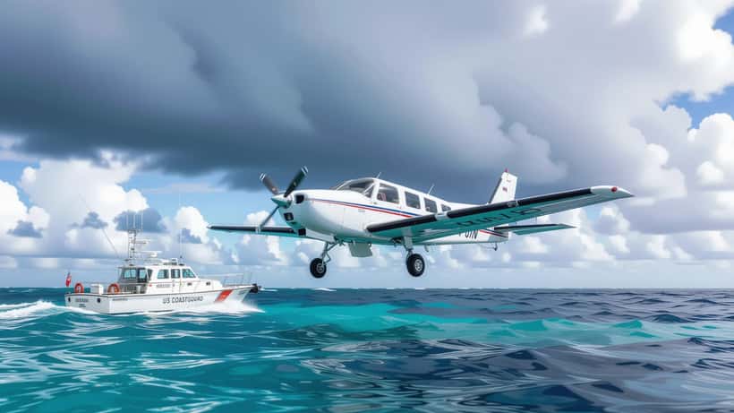 Piper-Kleinflugzeug über karibischem Gewässer nahe den Bahamas, stürmischer Himmel, Küstenwache in der Ferne