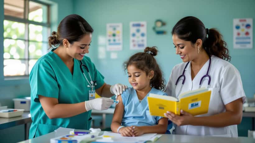 Enfermeira aplica vacina em criança em Unidade Básica de Saúde enquanto mãe segura a caderneta de vacinação