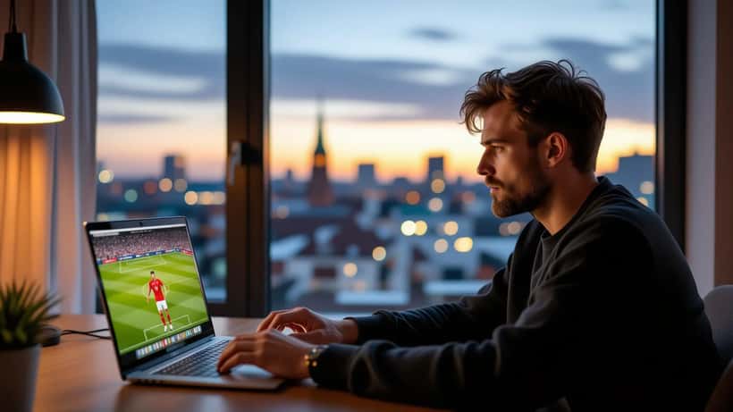 Dansk mand frustreret foran laptop med streaming-fejlmeddelelse – ingen dansk TV-aftale til fodboldkampen
