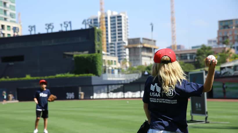 San Diego Padres players at baseball practice in uniform on the field