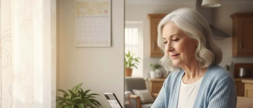 Older British woman checking pension payment on mobile banking app at home