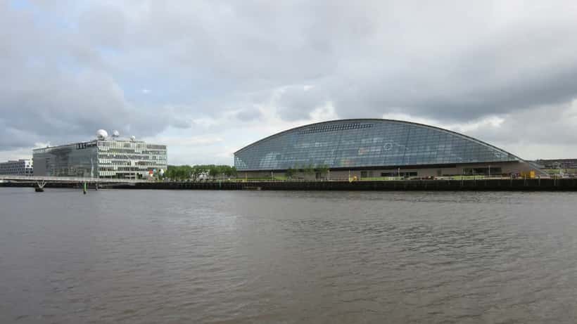 BBC Scotland and Glasgow Science Centre on the River Clyde on an overcast Glasgow October day
