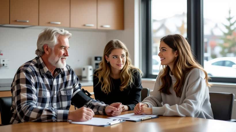 Canadian father and doctor reviewing health screening results at a medical clinic in Toronto 2026