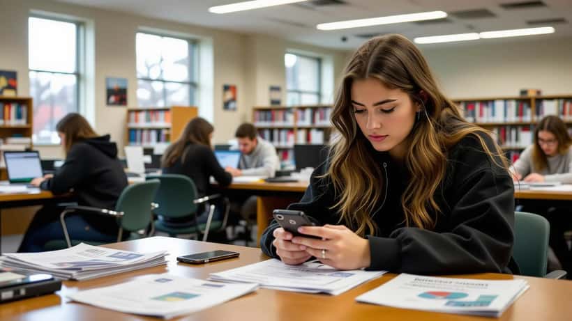 Young woman at library table staring at phone showing viral social media posts, with legal documents scattered nearby