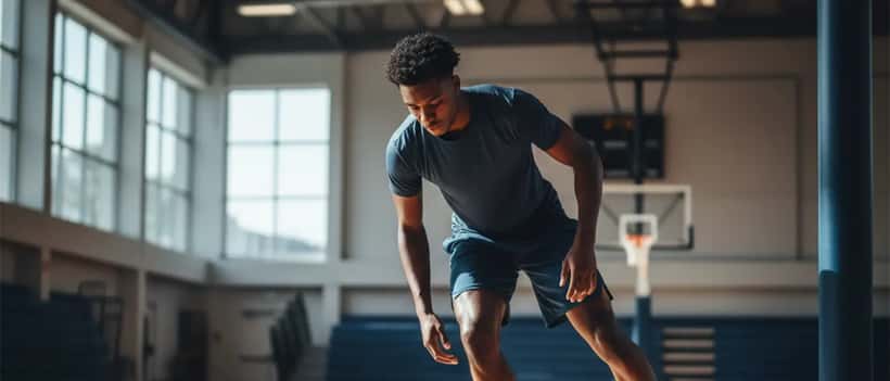 Young male basketball player doing ankle resistance band exercises in a gym, focused expression
