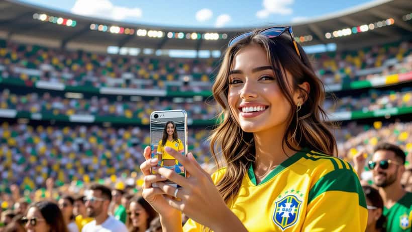 Jovem brasileira segurando celular com imagem gerada por IA nas arquibancadas de estádio da Copa 2026