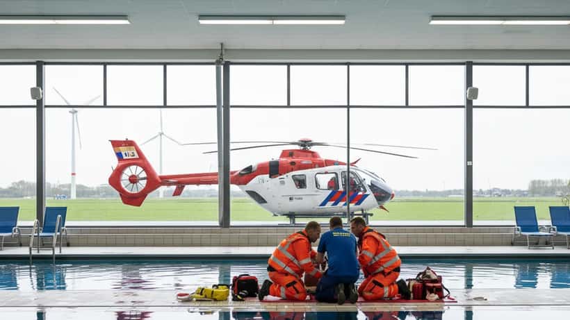 Traumateam en paramedieken bij spoedgeval in Nederlands zwembad met helikopter op achtergrond