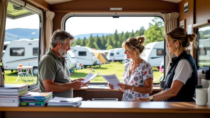 Dansk par ser på bookingbekræftelse ved campingpladsdisk med campingvogne i baggrunden