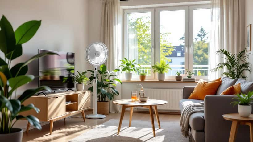 Standventilator in einem sonnigen Wohnzimmer, Sommer 2026