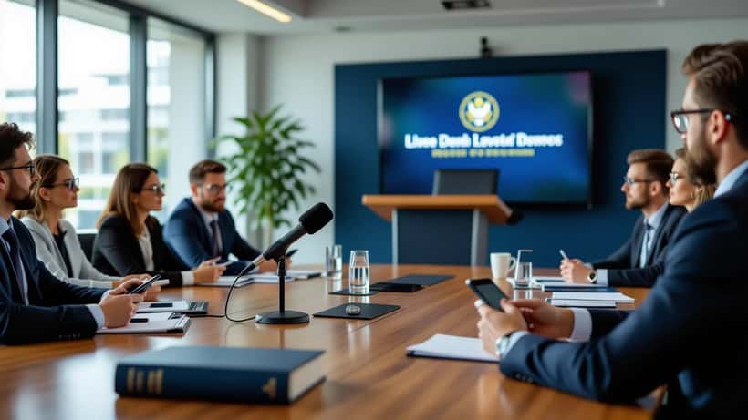Pressebriefing-Raum mit Rednerpult, Mikrofonen und Journalisten mit Smartphones
