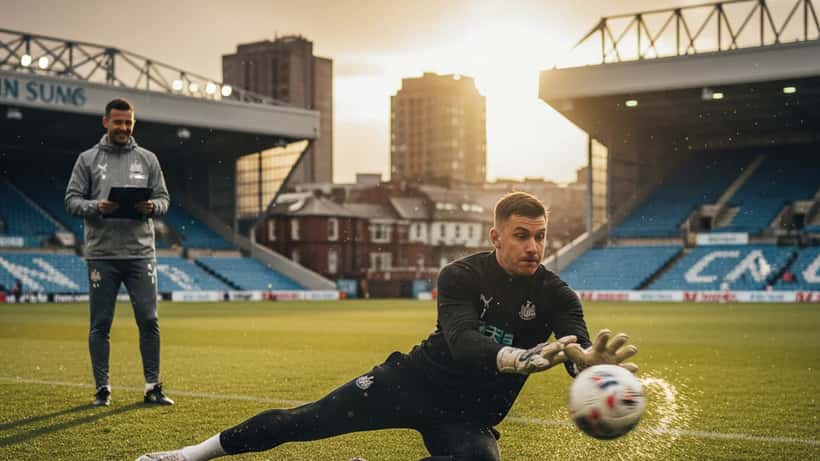 Goalkeeper diving for ball during training session in Newcastle, physiotherapist watching