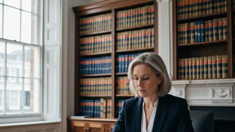 British woman solicitor reviewing legal documents in traditional London law office