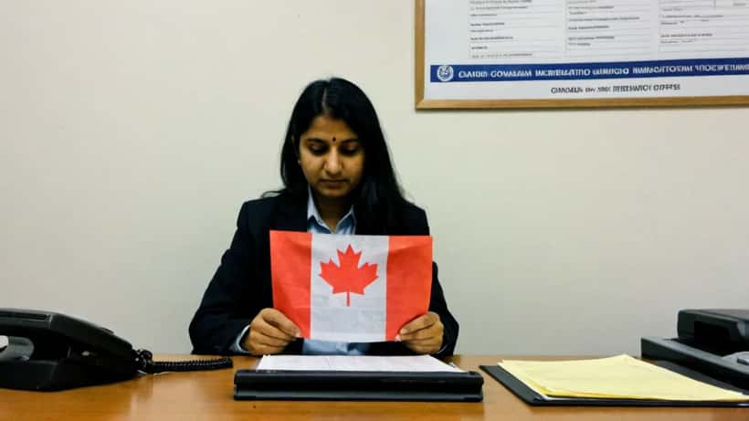 Femme examinant des documents d'immigration canadiens dans un bureau gouvernemental à Ottawa