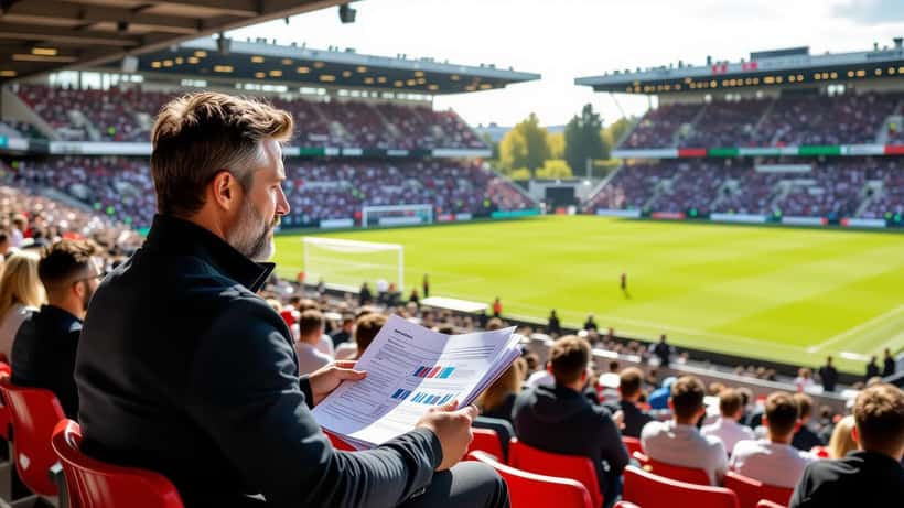 Dirigente de clube desportivo a analisar documentos financeiros no recinto de futebol durante amigável de pré-temporada