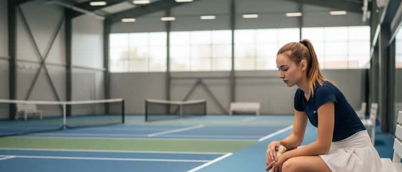 Vrouwelijke tennisspeelster zit alleen op de bank en kijkt nadenkend, tennisracket in de hand