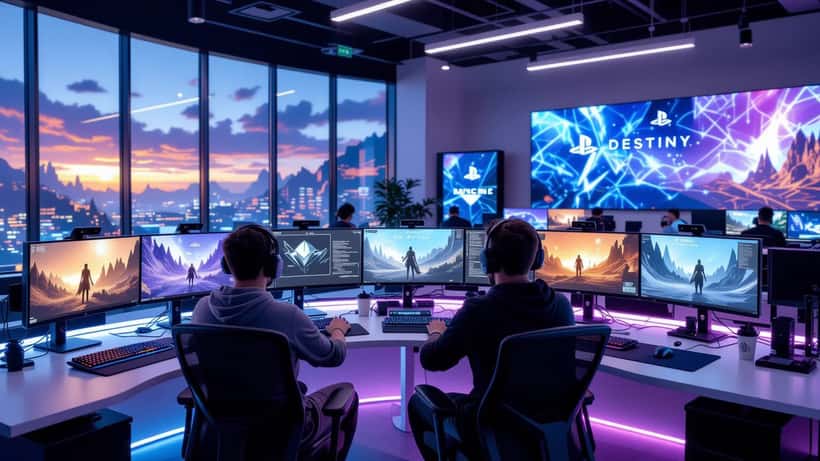 Equipo de Bungie en un estudio moderno con monitores mostrando el universo de Destiny, 2026