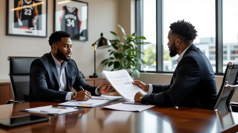 Young athlete and financial advisor reviewing a sports contract and investment portfolio in a modern Houston office