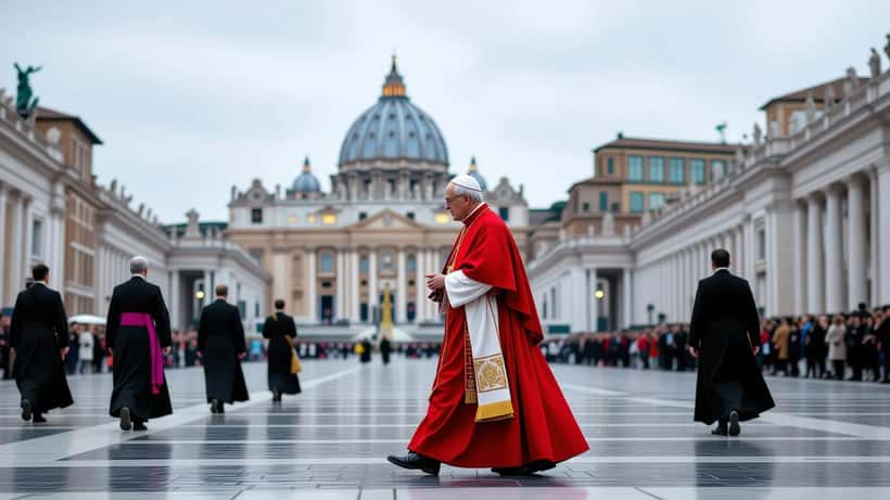 Cardinale in abiti rossi attraversa il colonnato di San Pietro in Vaticano, ottobre 2026
