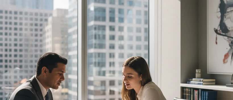 Personal injury attorney consulting with a car accident victim in a modern US law office