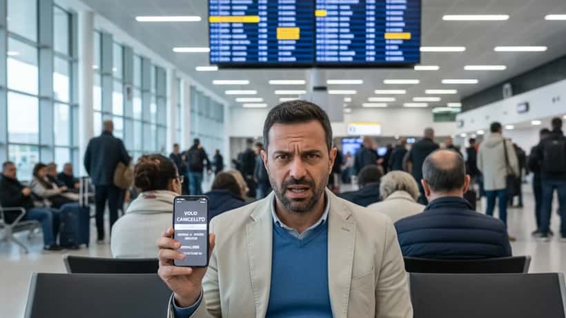 Passeggero italiano in aeroporto di Brindisi con volo cancellato che consulta i propri diritti