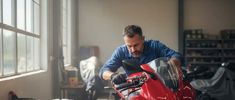 Mécanicien expert inspectant le moteur d'une moto dans un atelier professionnel