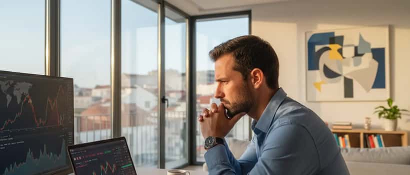 Homem português a analisar gráficos de Bitcoin no laptop em escritório em Lisboa