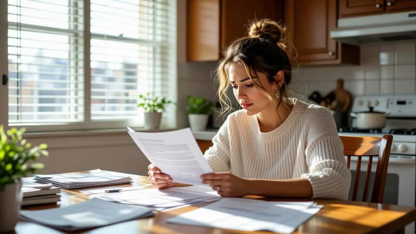Woman reading an eviction notice at a kitchen table with lease documents and bills spread out