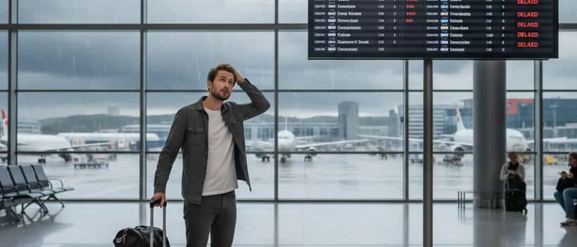 Tourist am Flughafen schaut auf Abflugtafel mit Verspätungen bei Sturm