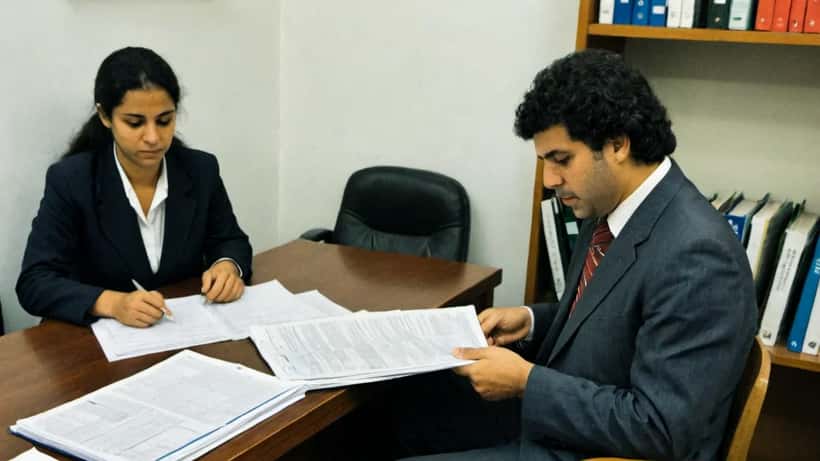 Advogado trabalhista revisando contrato de trabalho em escritório em São Paulo