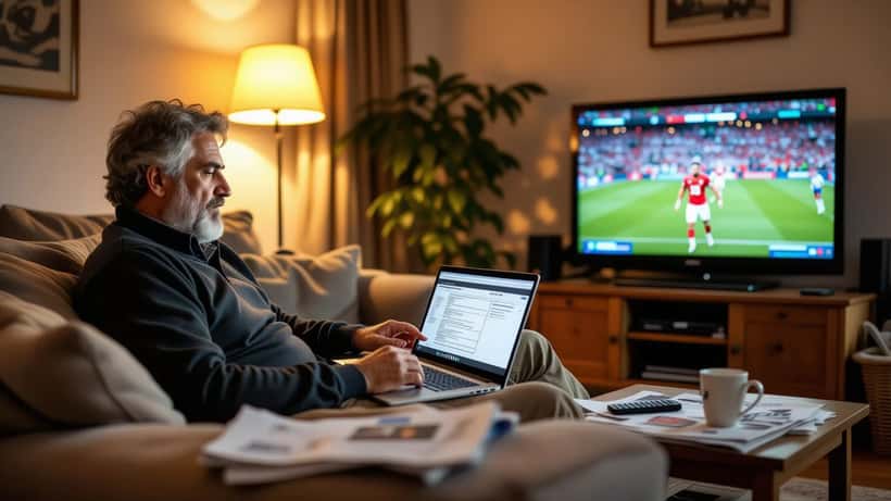 Man beoordeelt sportabonnementen op een laptop terwijl een voetbalwedstrijd op tv speelt