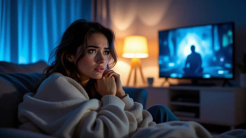 Woman sitting alone on sofa in dark living room, face lit by TV screen showing an intense film, looking tense and hypervigilant