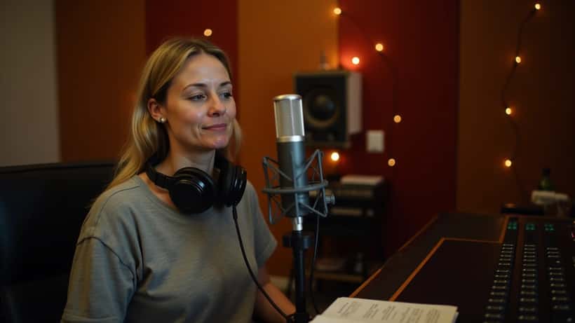 Woman in recording studio with microphone and headphones, capturing a music comeback moment