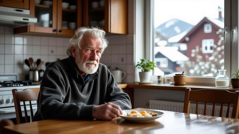 Eldre norsk mann sitter alene ved kjøkkenbord, blek og trett etter tap av ektefelle