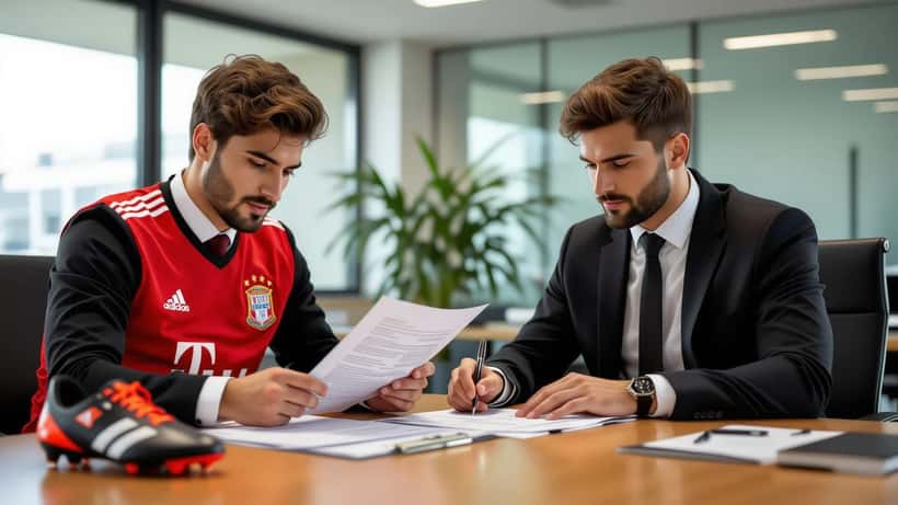 Jovem futebolista em equipamento de treino a analisar contrato desportivo com advogado em escritório de clube de futebol