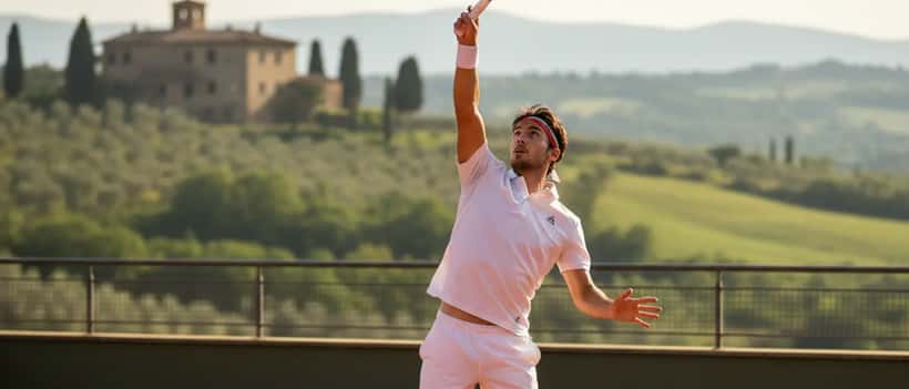 Tennista italiano che serve su un campo in terra rossa