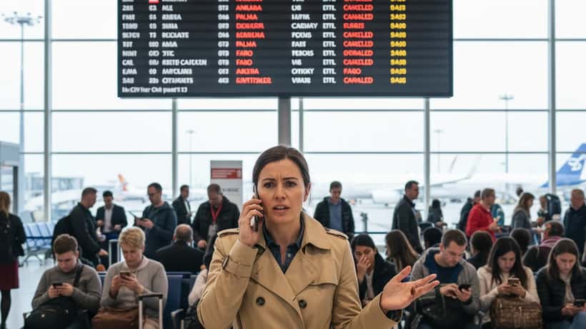 Frustrated British passenger at Heathrow airport departure gate with flight cancellation board