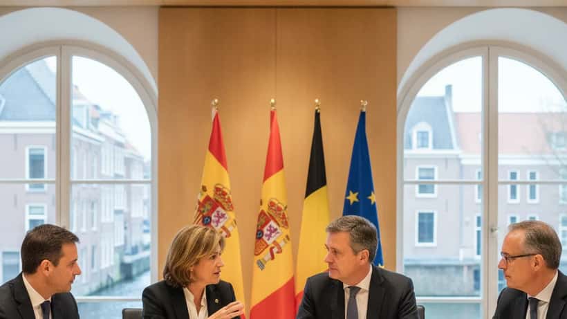 Spaanse en Belgische diplomaten tijdens een vergadering met Europese vlaggen