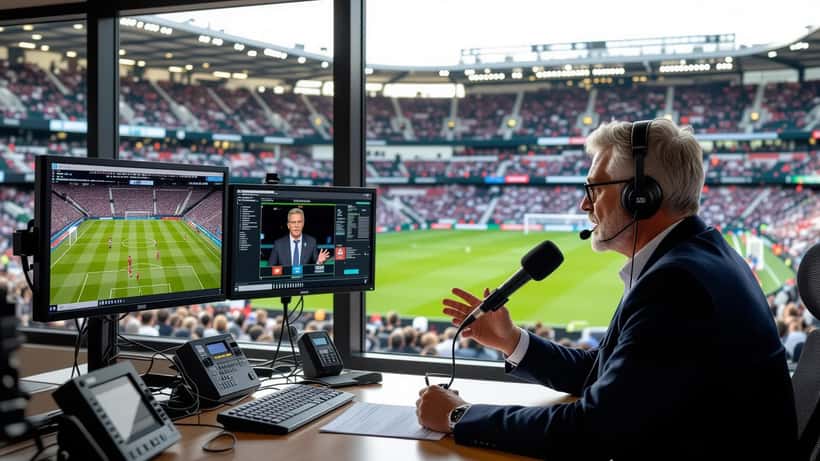 Ally McCoist in ITV commentary box at the 2026 FIFA World Cup with broadcast headset and stadium monitors
