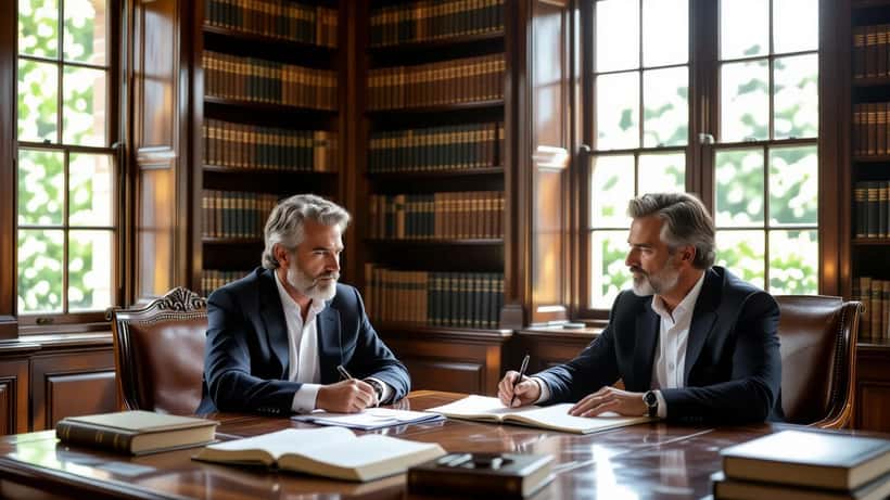 Interior de fundação literária portuguesa com estantes históricas e secretária com documentos de gestão