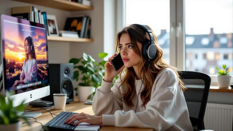 Ung svensk kvinna med hörlurar i Stockholmslägenhet, K-pop musik på telefon, eftertänksam blick, eftermiddagsljus