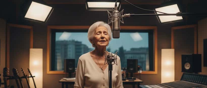 Anziana cantante italiana davanti a un microfono professionale in uno studio di registrazione, luce calda